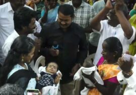 ஆர்பாட்டக் களத்தில் பெயர் சூட்டும் நிகழ்வு | சிறப்புமுகாமிலிருந்து 4 தமிழர்களை விடுவிக்கக்கோரி